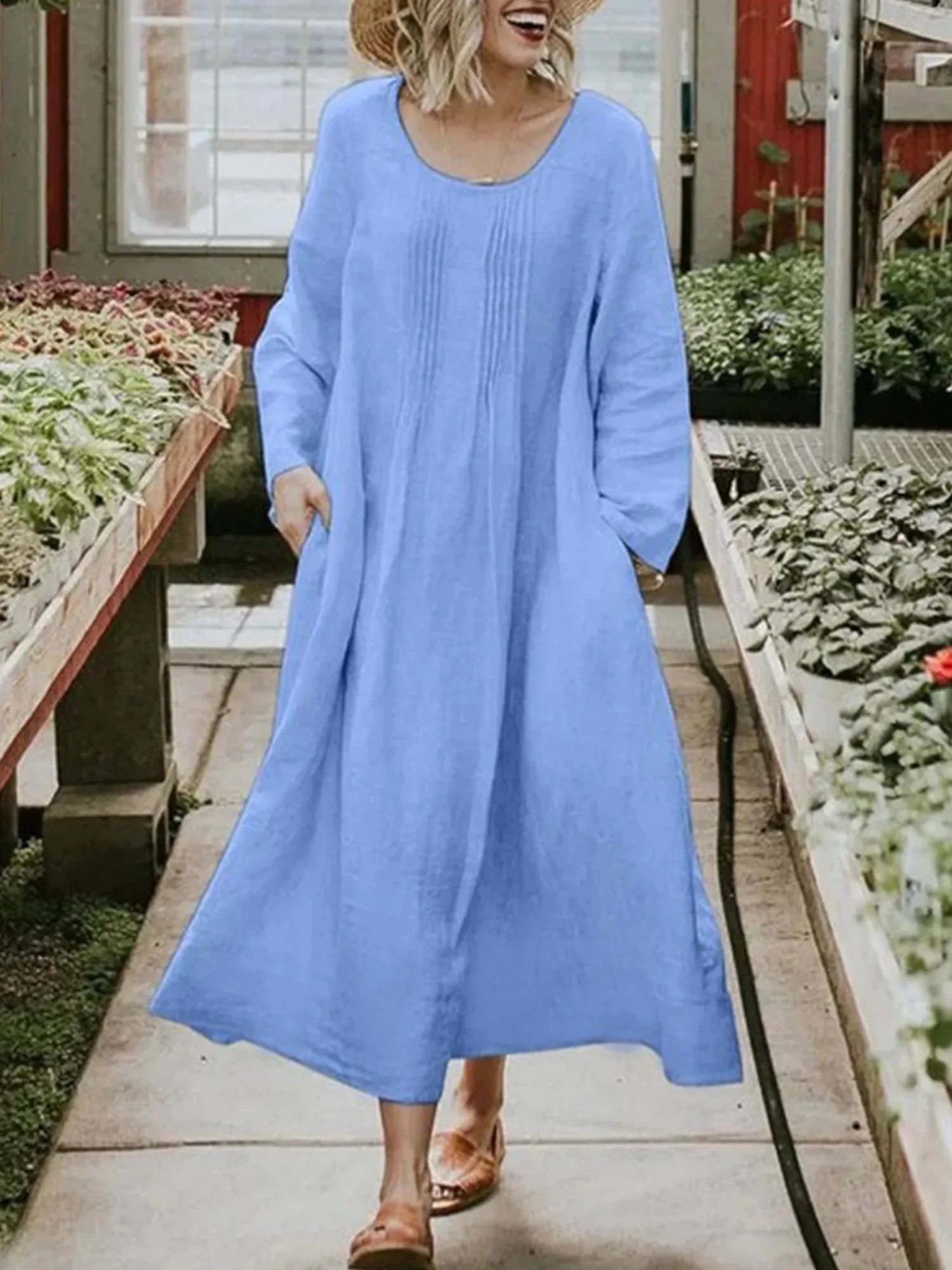 Women Plain Regular Sleeve Spring/Fall Dress Crew Neck Long Sleeve A-Line Dress