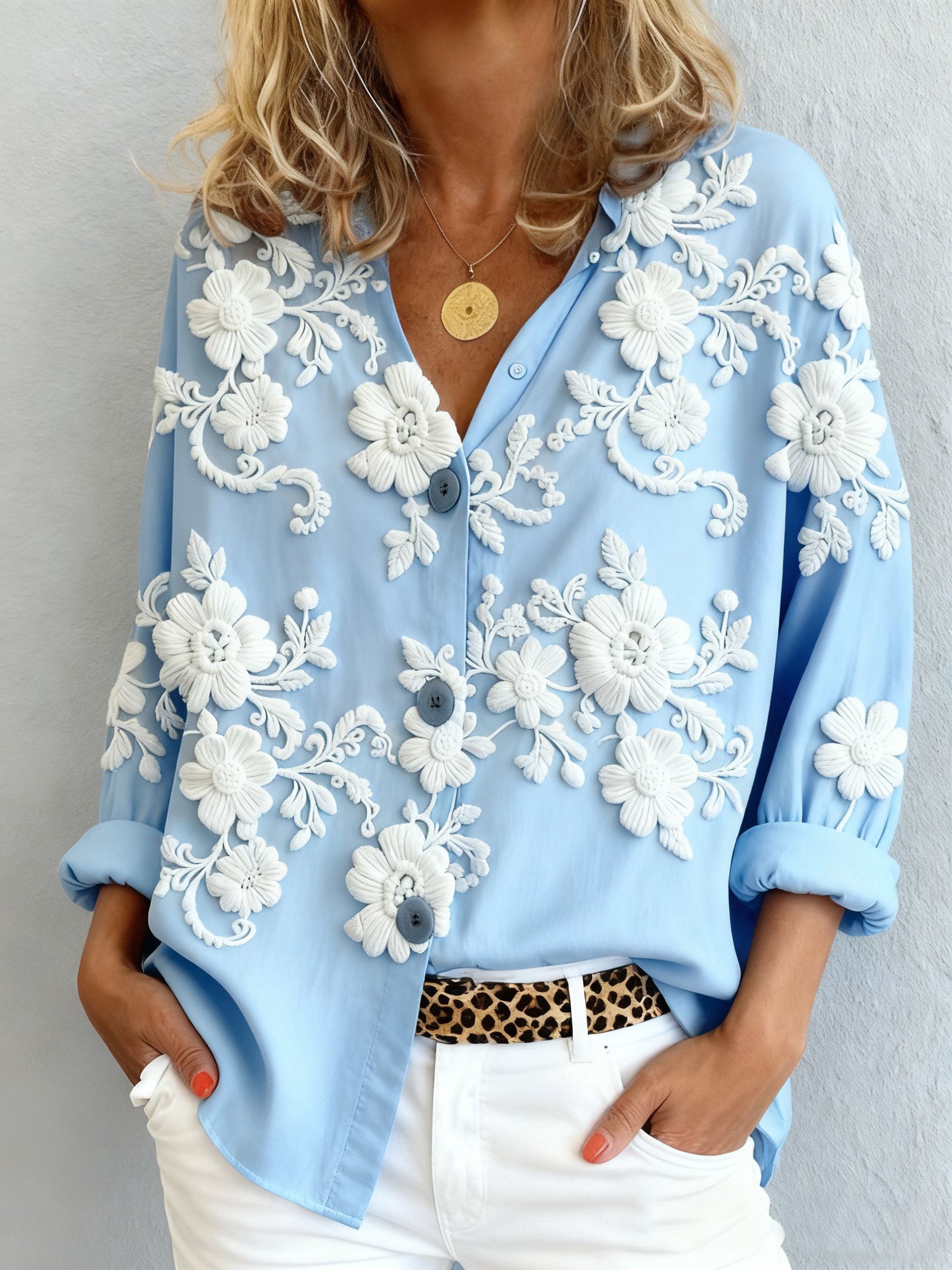 Shawl Collar Long Sleeve Floral Regular Loose Shirt For Women