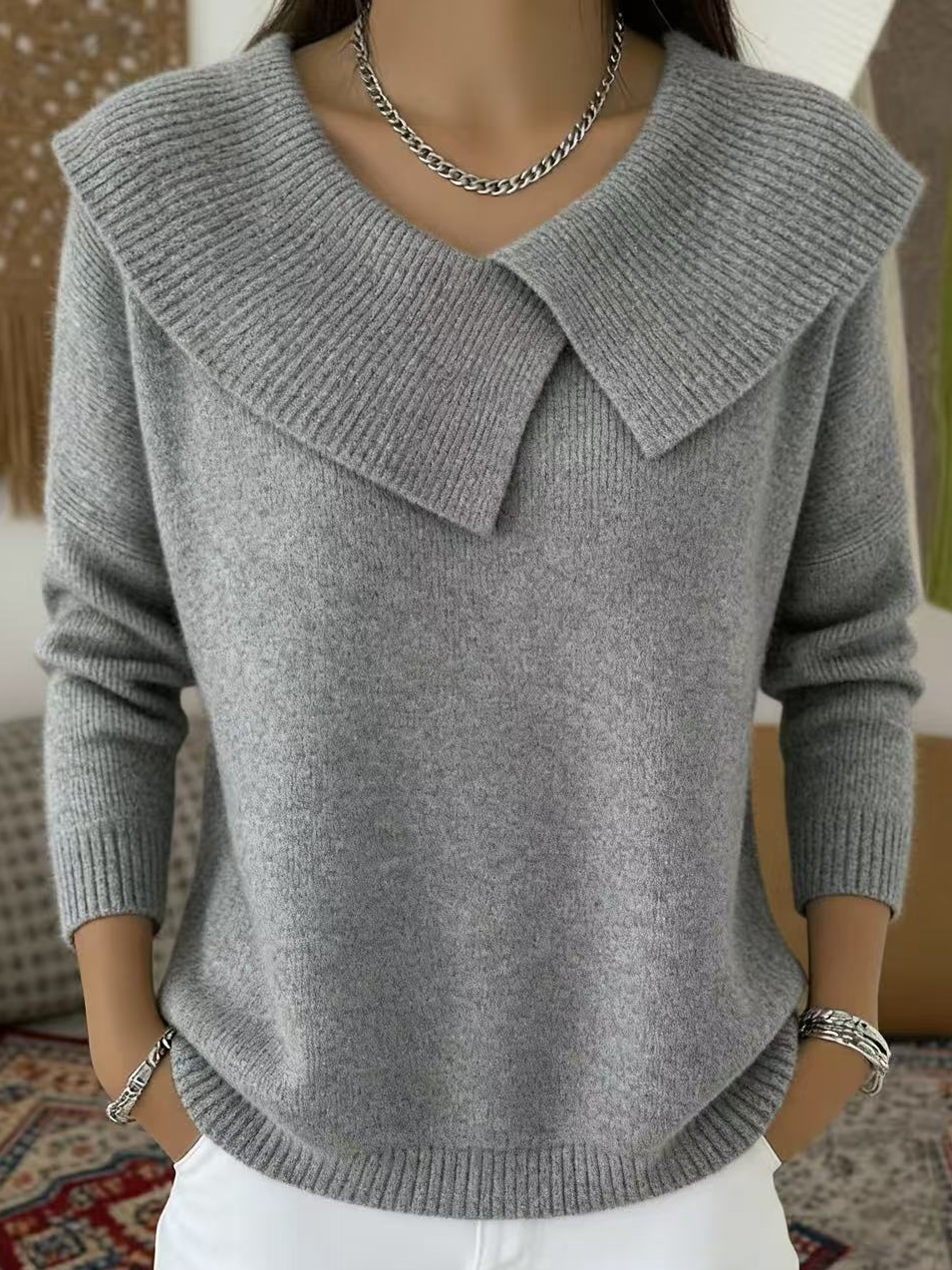 Women Knitted Plain Long Sleeve Comfy Vintage Sweater