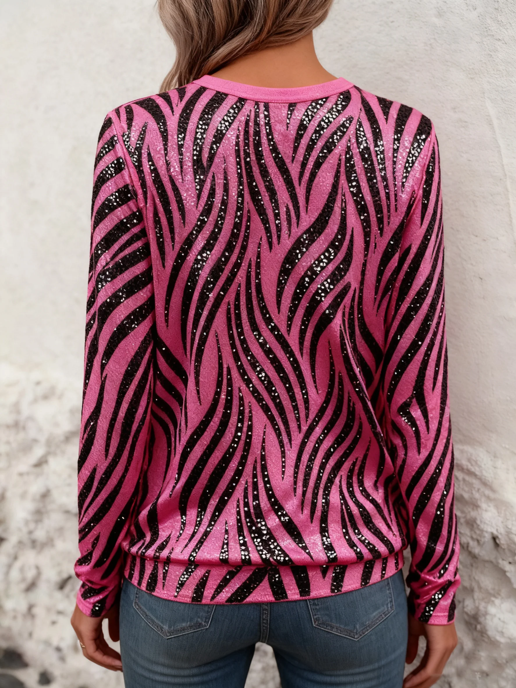 Crew Neck Long Sleeve Geometric Regular Micro-Elasticity Loose Blouse For Women