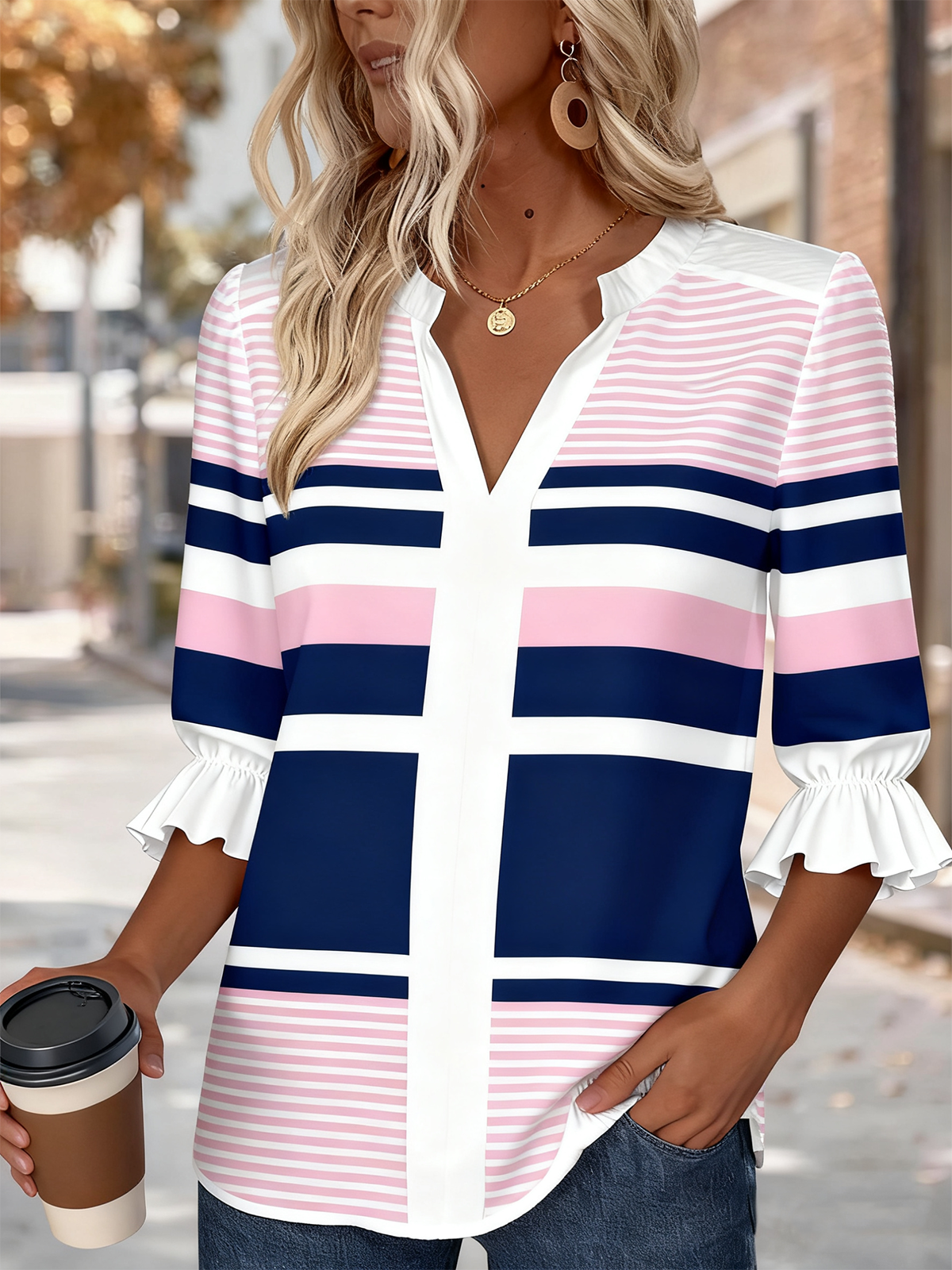 V Neck Half Sleeve Striped Regular Regular Fit Shirt For Women