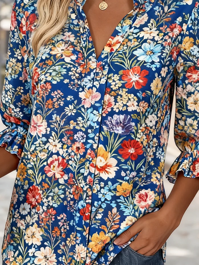 V Neck Half Sleeve Floral Regular Regular Fit Shirt For Women