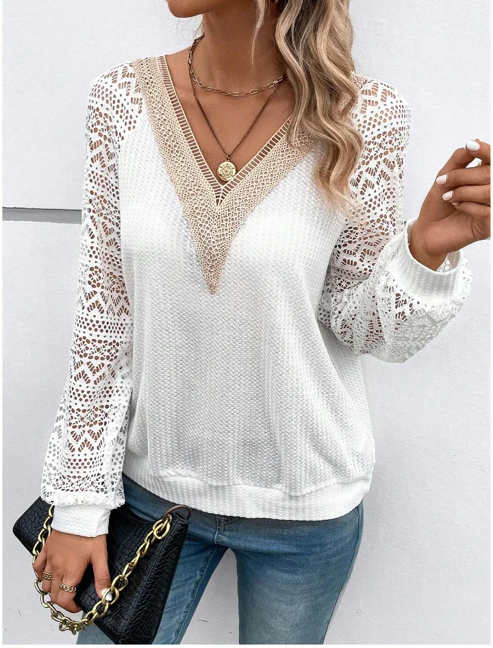 Elegant Plain V Neck Long Sleeve T-shirt