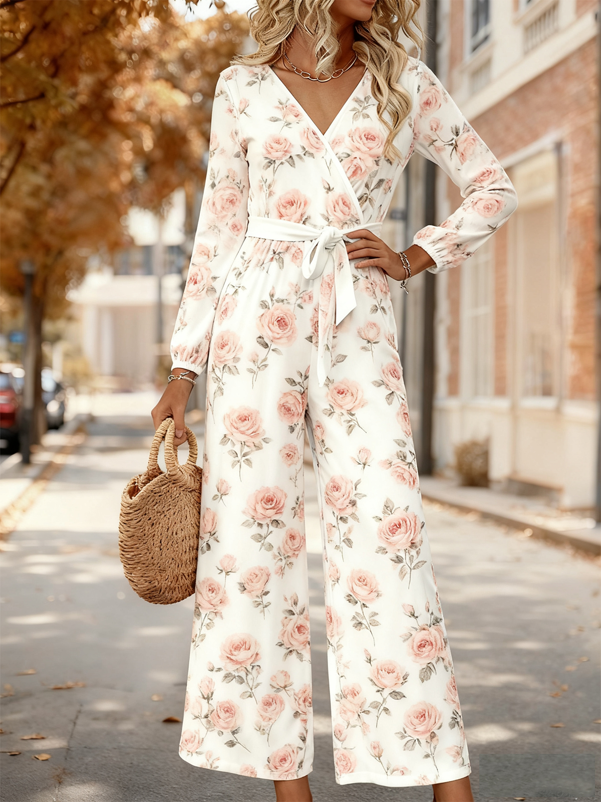 Women Floral V Neck Long Sleeve Elegant Spring/Fall Jumpsuit