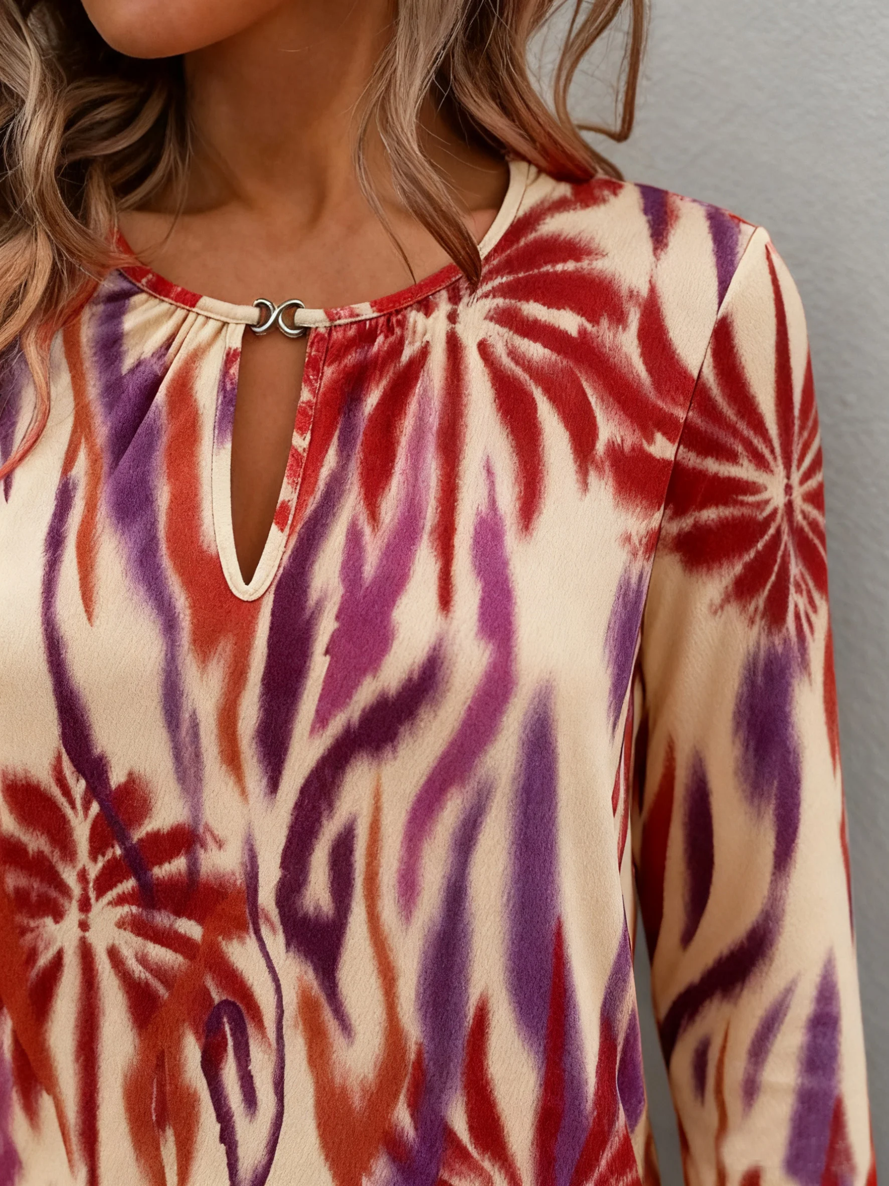 Crew Neck Long Sleeve Geometric Regular Micro-Elasticity Loose Blouse For Women