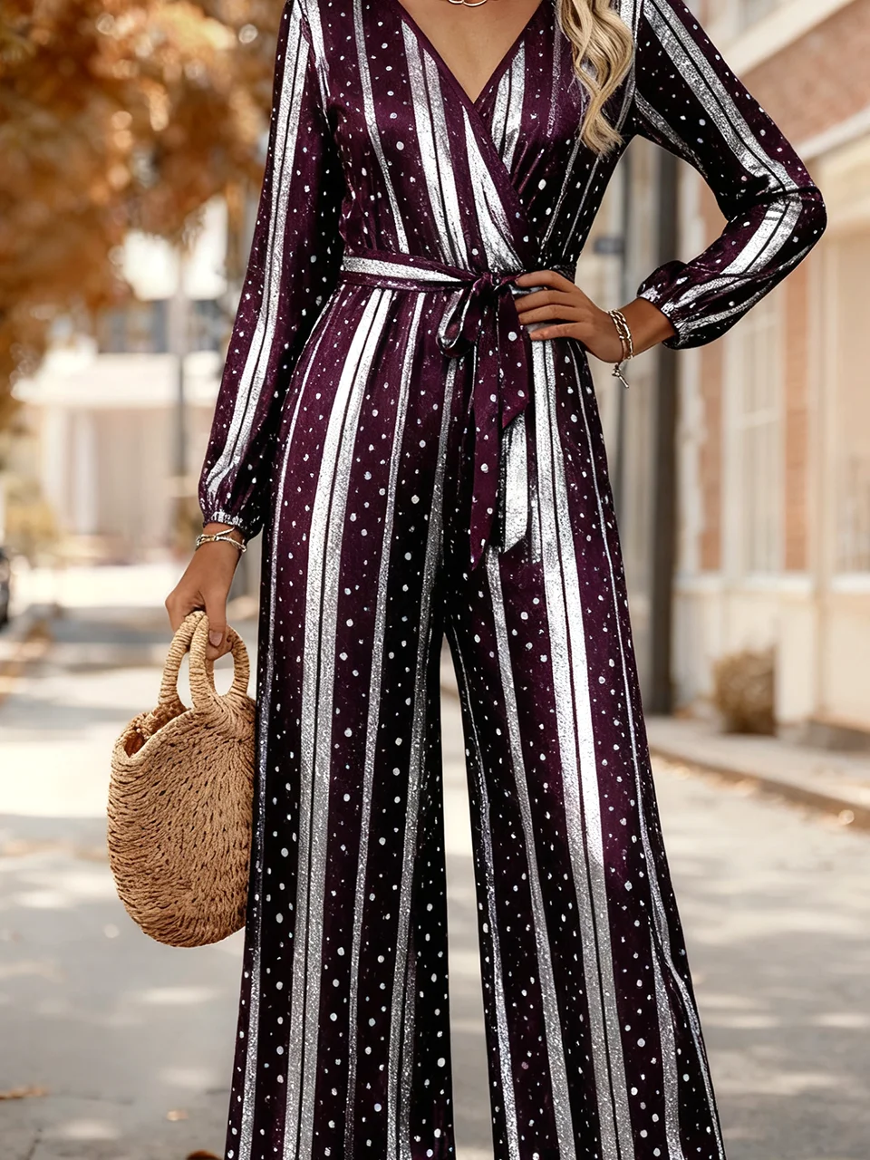 Women Striped V Neck Long Sleeve Elegant Spring/Fall Jumpsuit