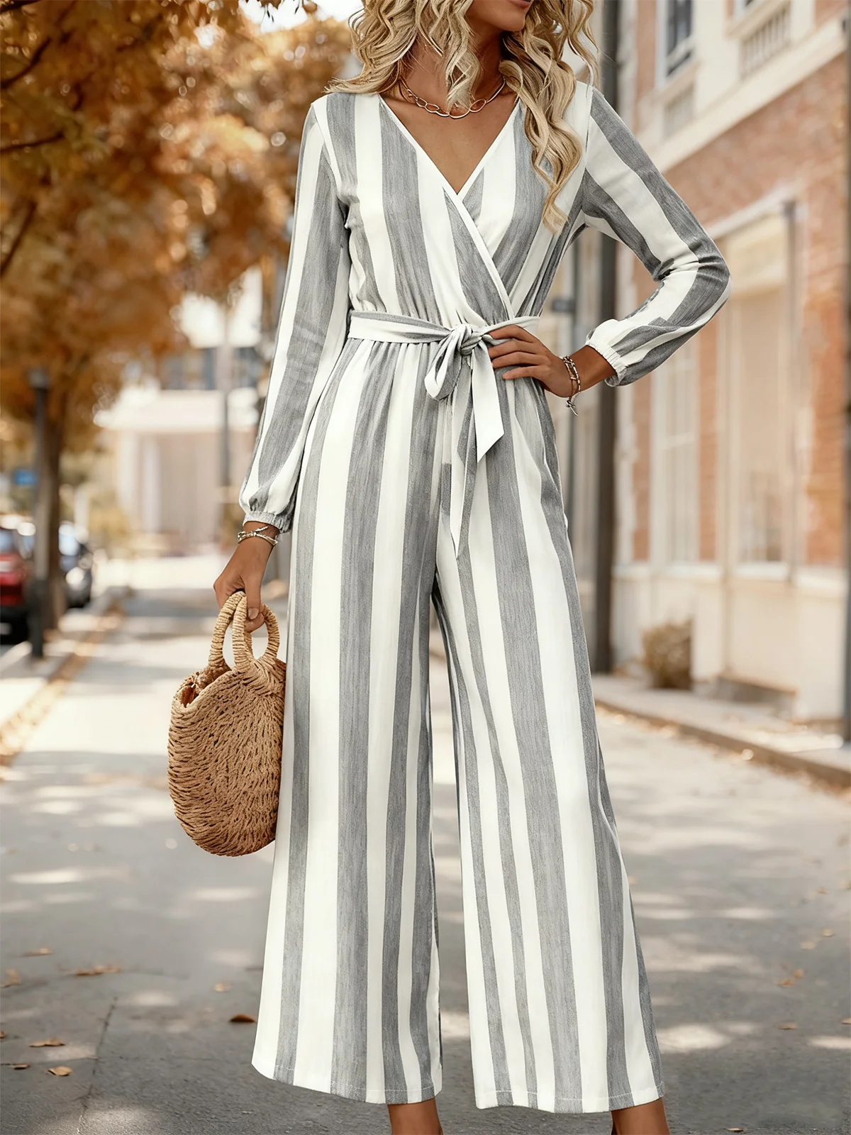 Women Striped V Neck Long Sleeve Elegant Spring/Fall Jumpsuit