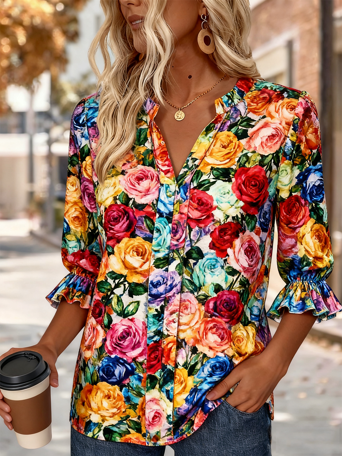 V Neck Half Sleeve Floral Regular Regular Fit Shirt For Women