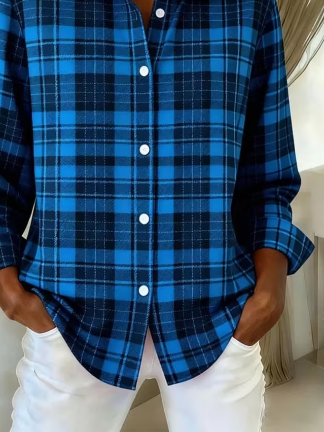 Shirt Collar Regular Sleeve Long Sleeve Plaid Buckle Regular Loose Button Up Shirt Shirt For Women