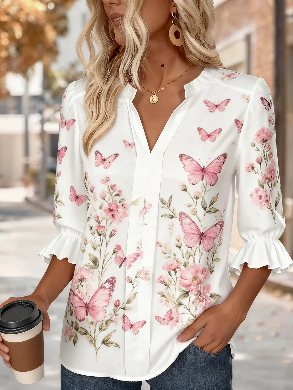 V Neck Half Sleeve Floral Regular Regular Fit Shirt For Women