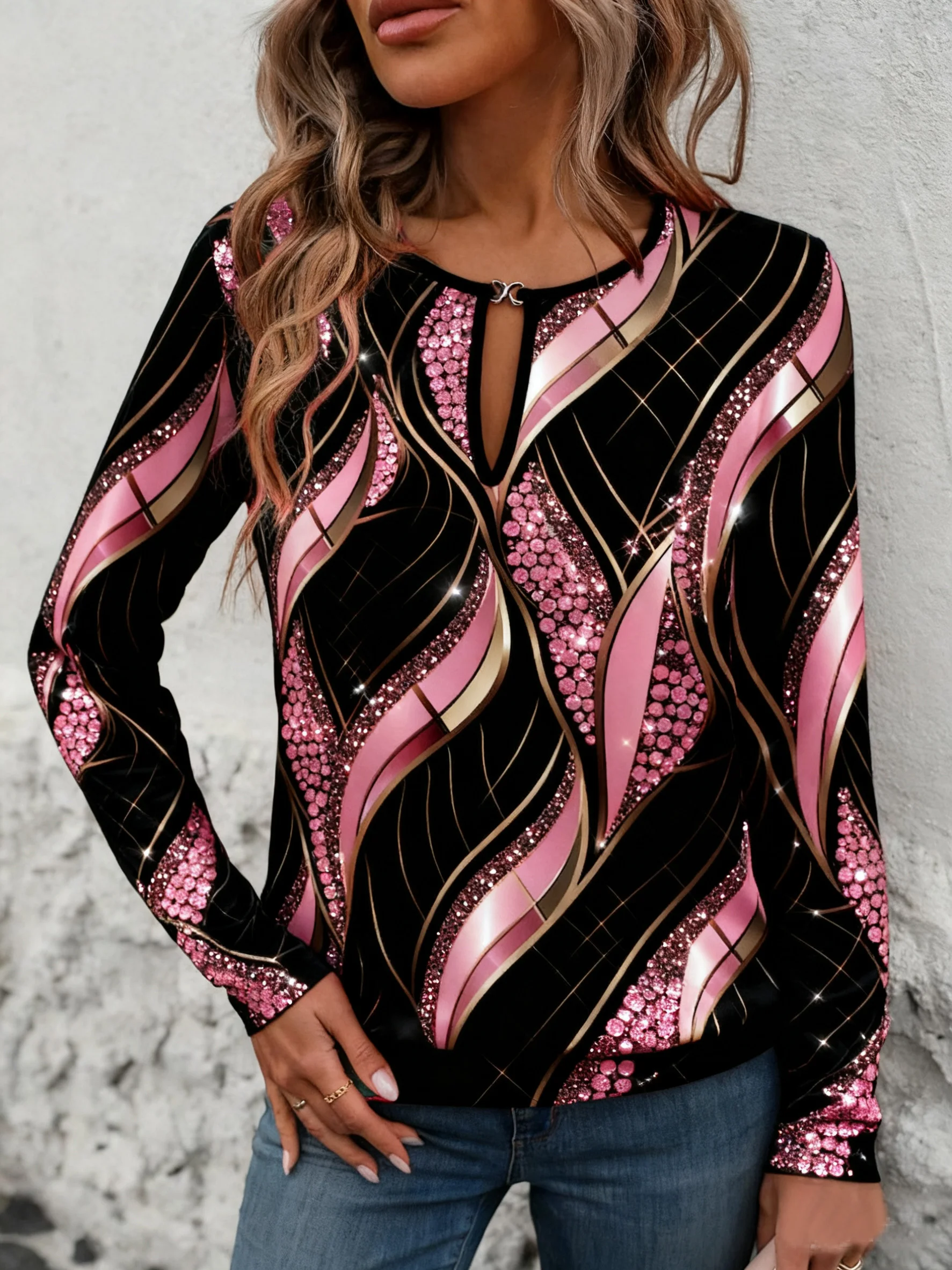 Crew Neck Long Sleeve Geometric Regular Micro-Elasticity Loose Blouse For Women