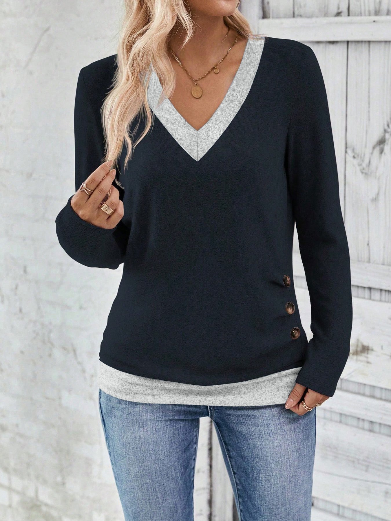 Elegant Multicolor Block V Neck Long Sleeve T-shirt