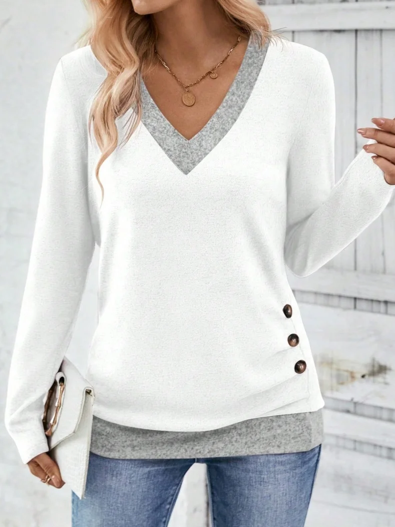 Elegant Multicolor Block V Neck Long Sleeve T-shirt