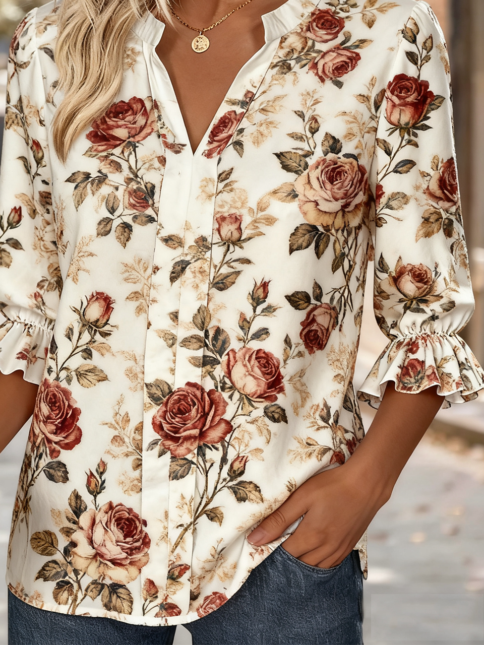 V Neck Half Sleeve Floral Regular Regular Fit Shirt For Women