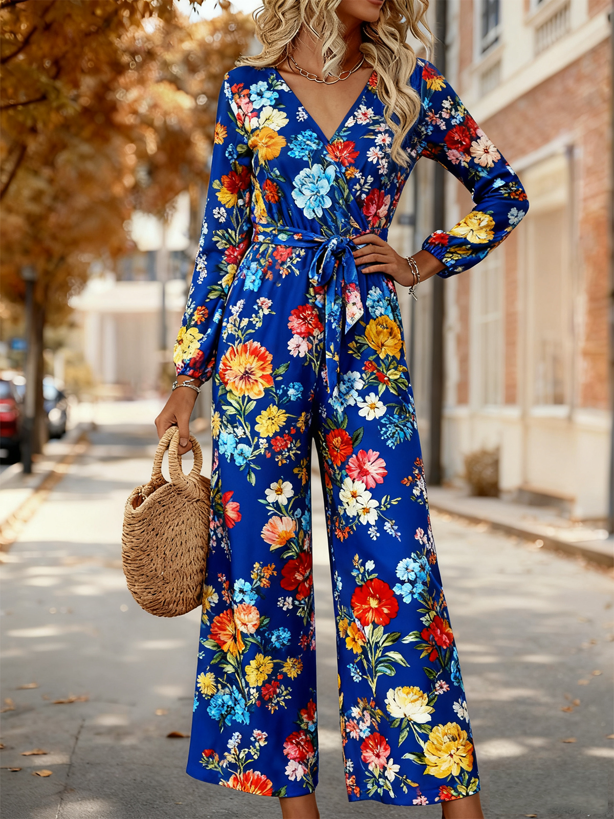 Women Floral V Neck Long Sleeve Elegant Spring/Fall Jumpsuit