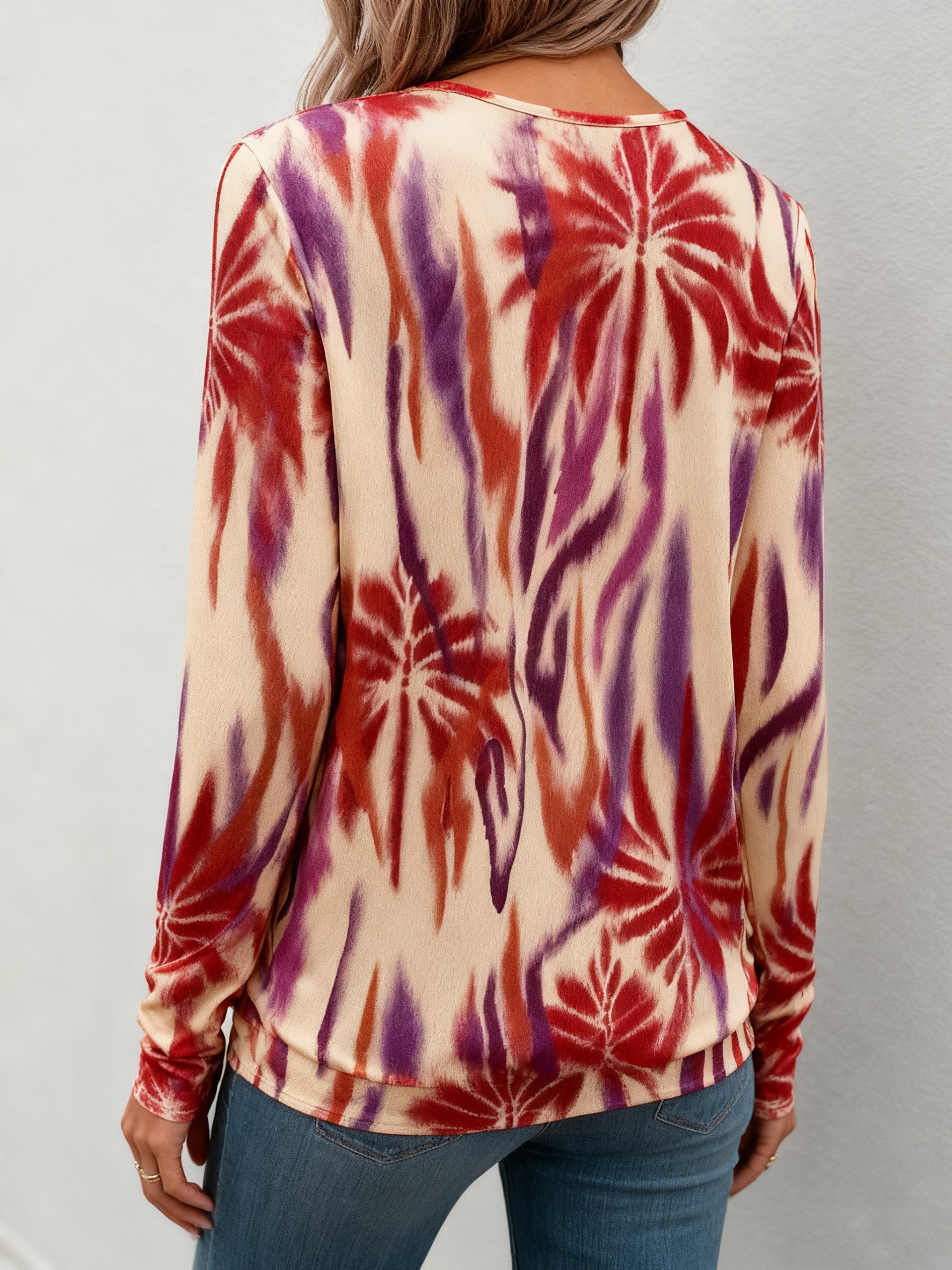 Crew Neck Long Sleeve Geometric Regular Micro-Elasticity Loose Blouse For Women