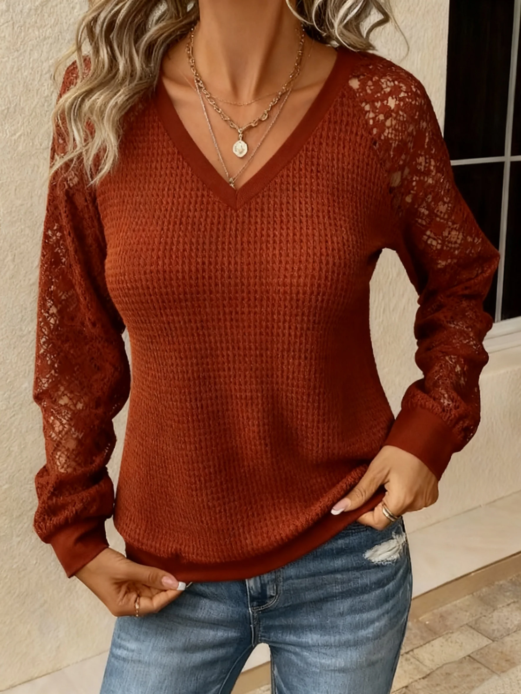 Casual Plain V Neck Long Sleeve T-shirt