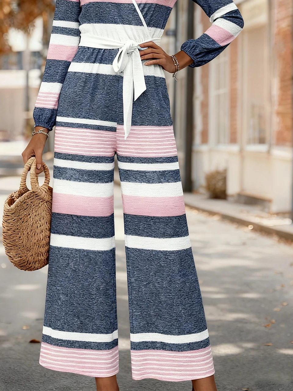 Women Striped V Neck Long Sleeve Elegant Spring/Fall Jumpsuit