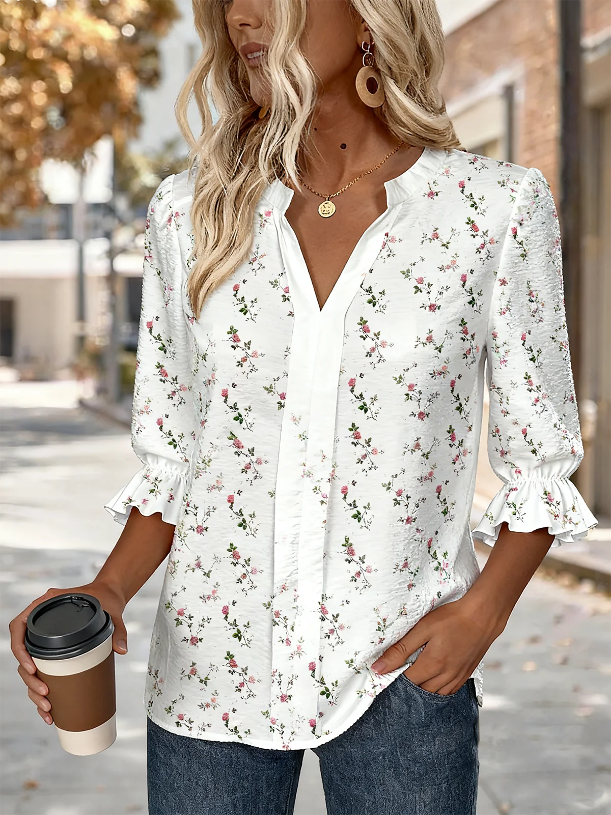 V Neck Half Sleeve Floral Regular Regular Fit Shirt For Women