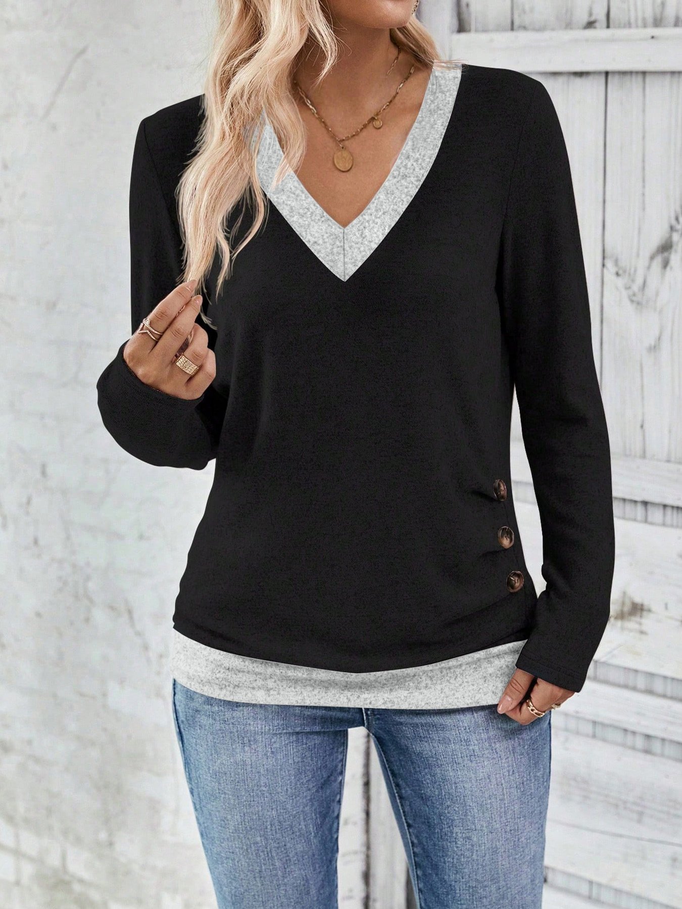 Elegant Multicolor Block V Neck Long Sleeve T-shirt