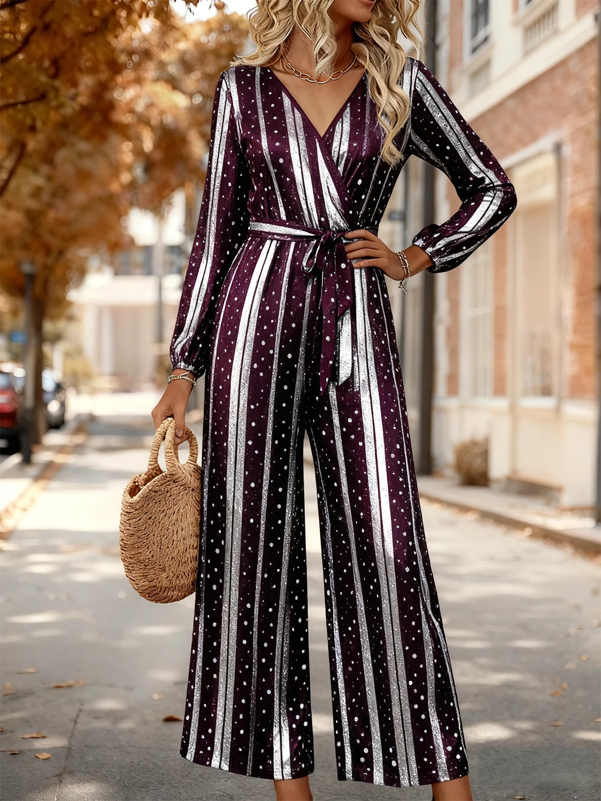 Women Striped V Neck Long Sleeve Elegant Spring/Fall Jumpsuit