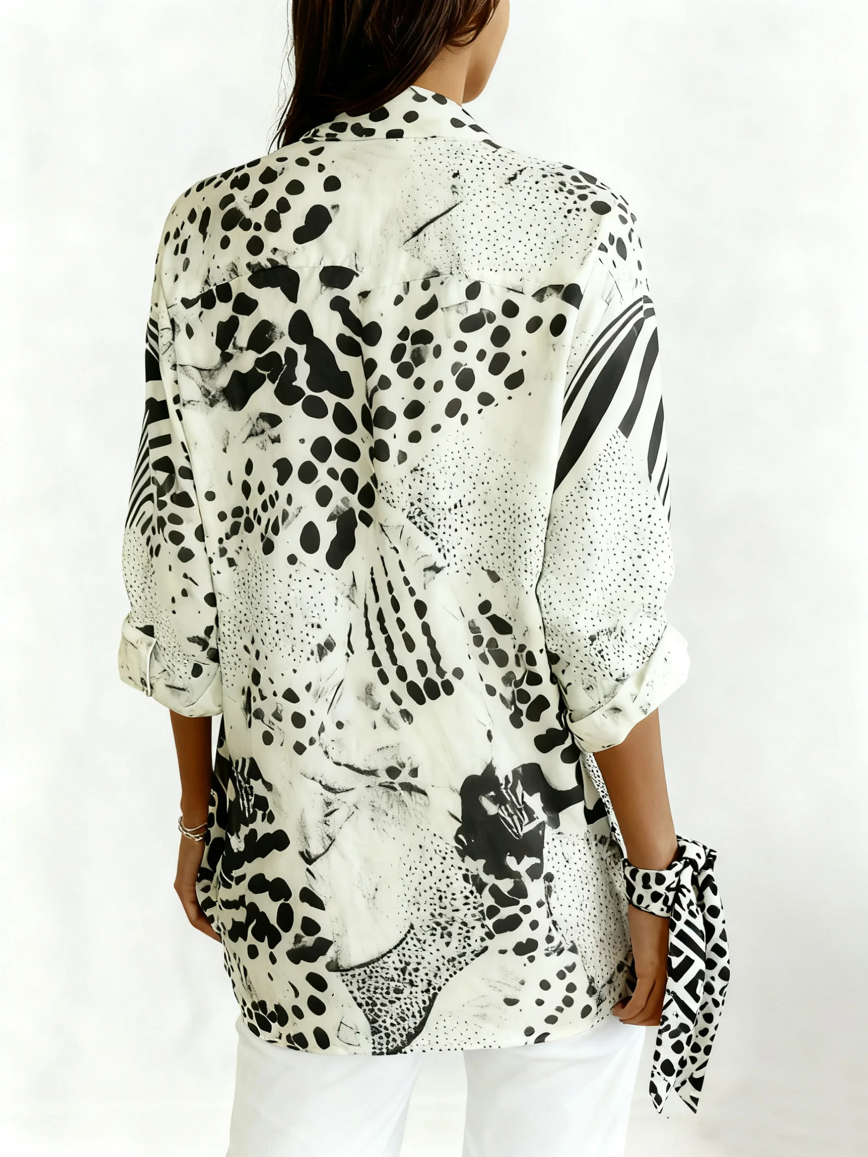 Shawl Collar Long Sleeve Leopard Regular Micro-Elasticity Loose Shirt For Women