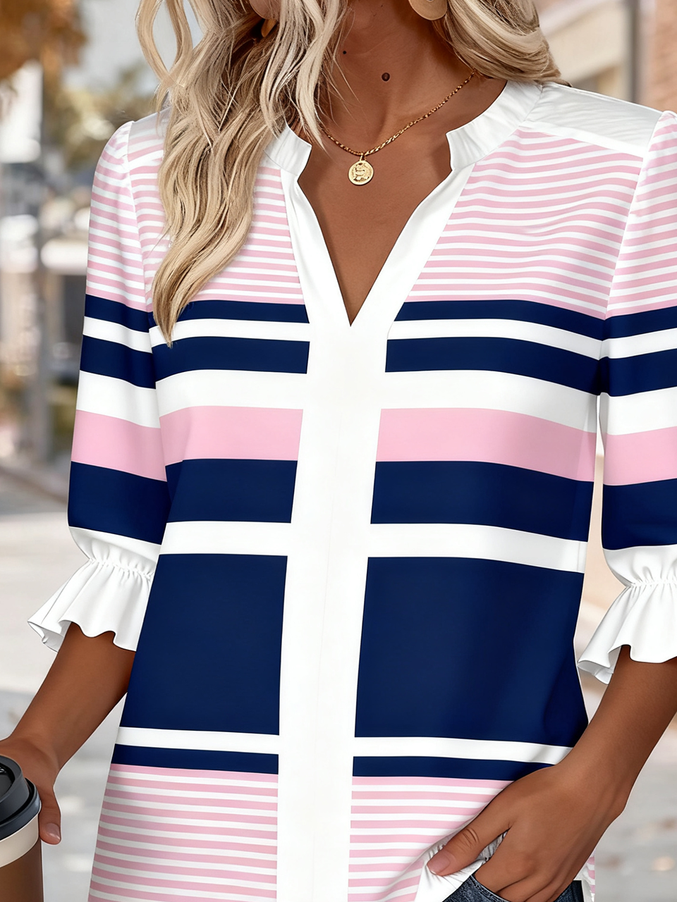 V Neck Half Sleeve Striped Regular Regular Fit Shirt For Women