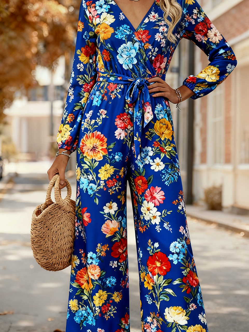 Women Floral V Neck Long Sleeve Elegant Spring/Fall Jumpsuit