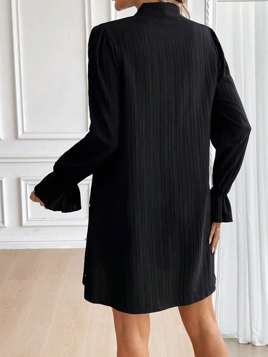 Women Plain Spring/Fall Beaded Dress Lotus Leaf Collar Long Sleeve Fit & Flare Dress A-Line Dress