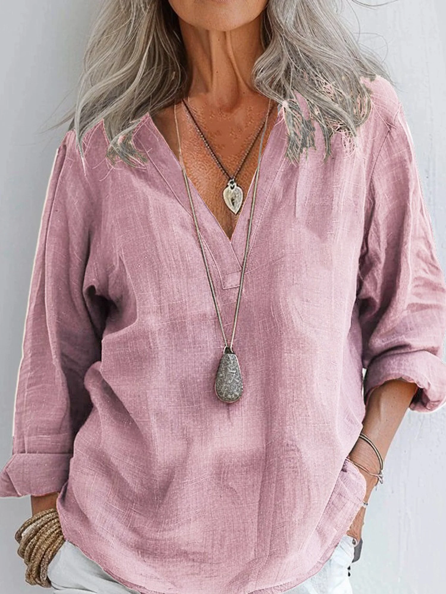 V Neck Long Sleeve Plain Regular Loose Blouse For Women