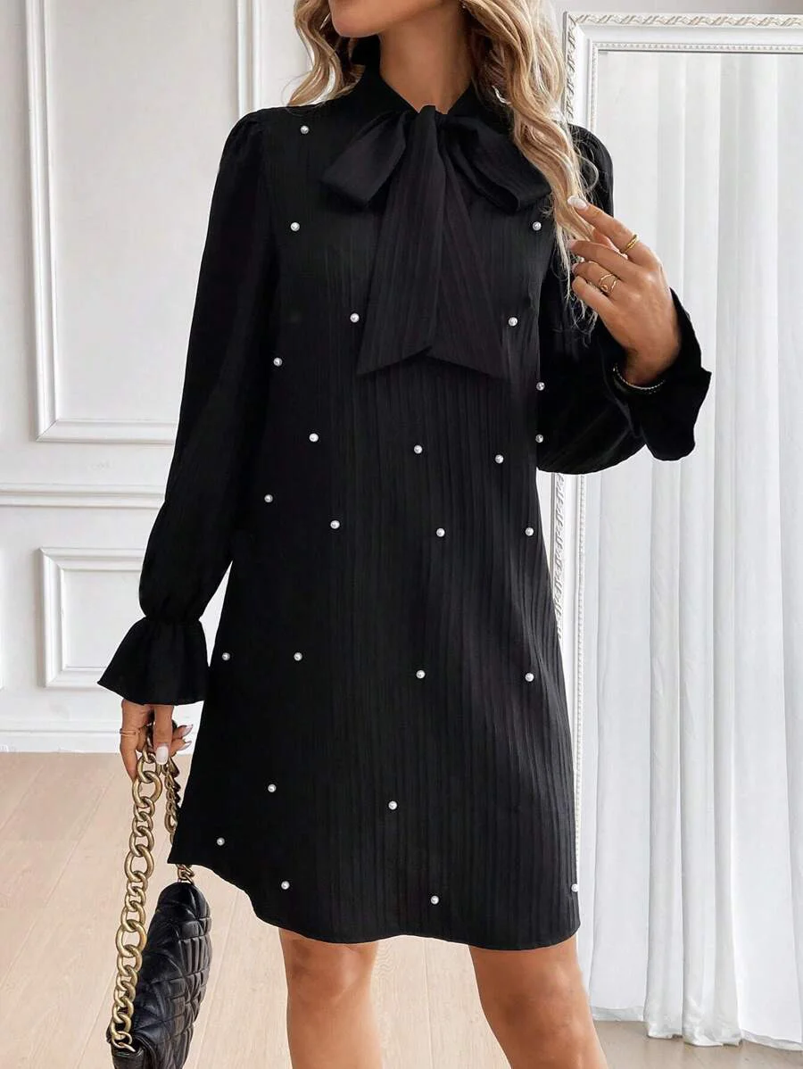 Women Plain Spring/Fall Beaded Dress Lotus Leaf Collar Long Sleeve Fit & Flare Dress A-Line Dress