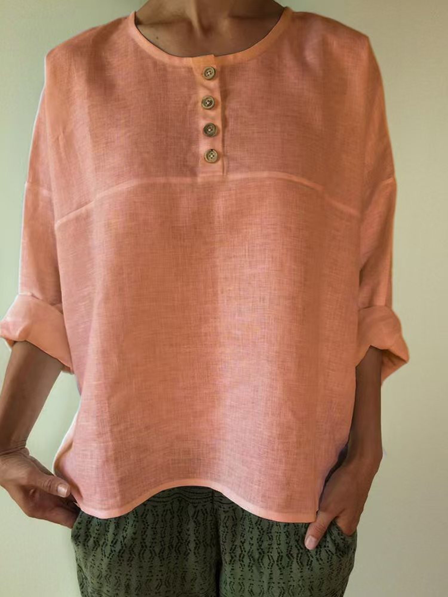 Crew Neck Long Sleeve Plain Buttoned Regular Loose Blouse For Women