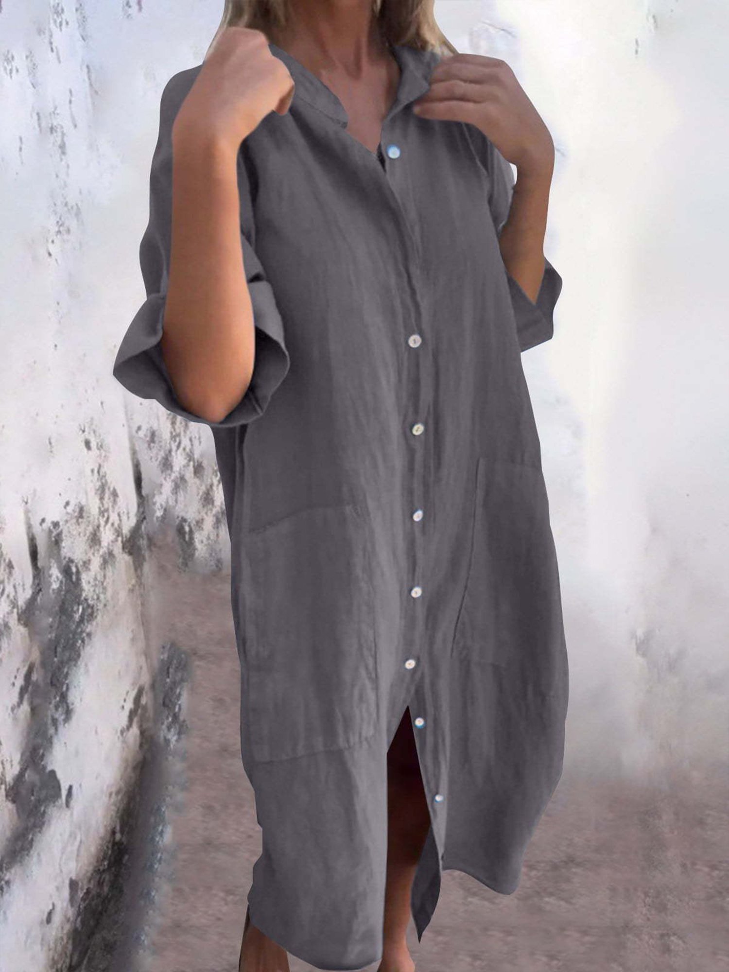 Women Plain All Season Dress Shirt Collar Half Sleeve Shirt Dress H-Line Dress