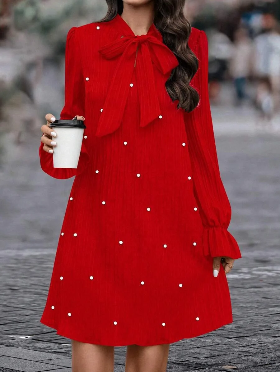 Women Plain Spring/Fall Beaded Dress Lotus Leaf Collar Long Sleeve Fit & Flare Dress A-Line Dress
