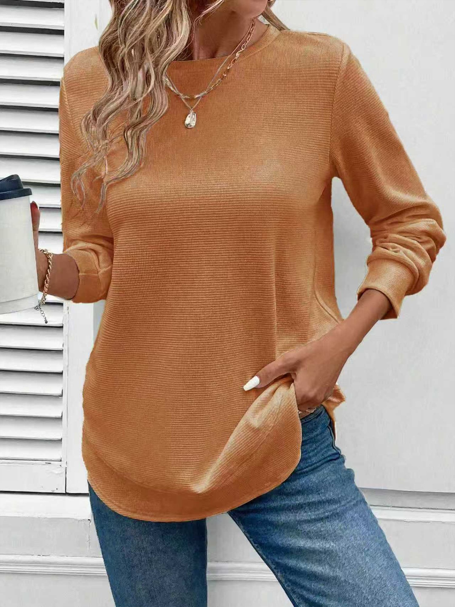 Casual Plain Crew Neck Long Sleeve T-shirt