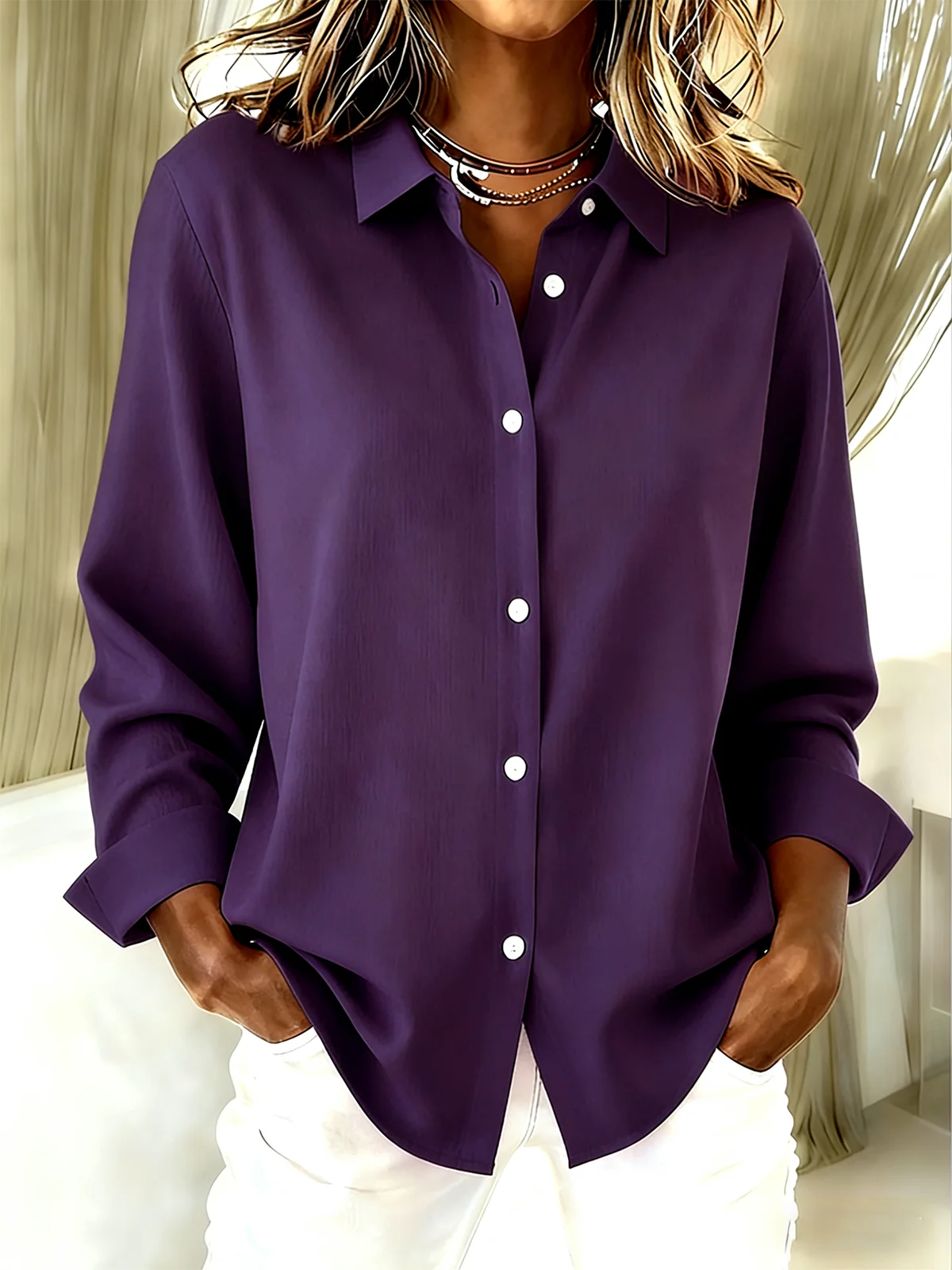 Shirt Collar Long Sleeve Plain Regular Loose Shirt For Women