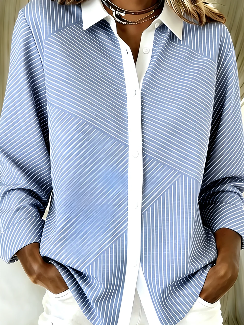 Shirt Collar Long Sleeve Striped Regular Loose Shirt For Women