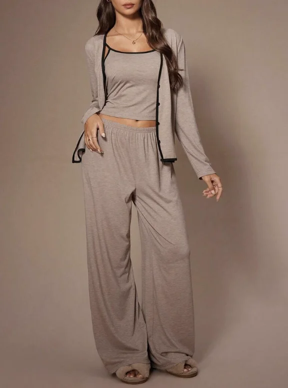 3pcs Women Casual Solid Color Fitted Long Sleeve Robe, Camisole Top And Pants Loungewear Set