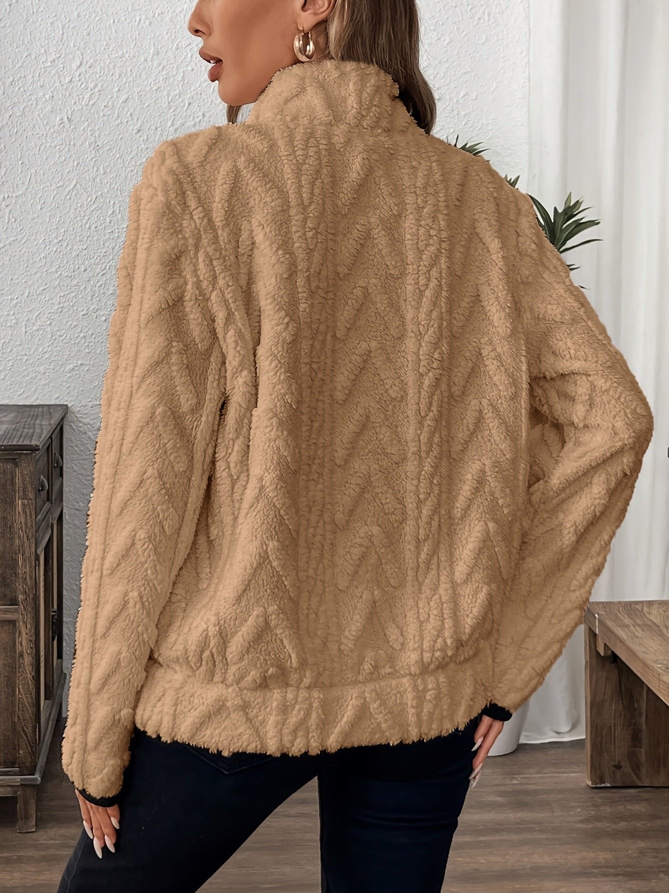 Casual Stand Collar Plain Sweatshirt Jacquard