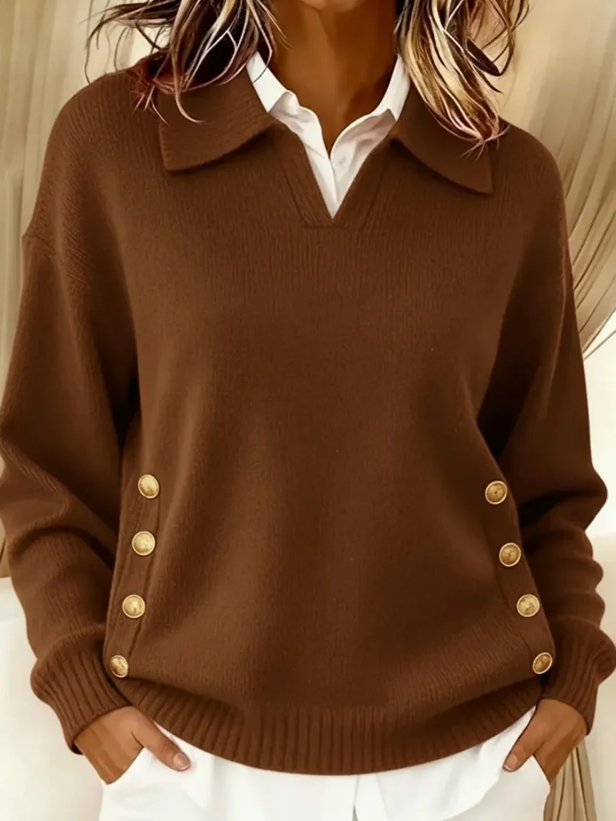 Women Cotton Plain Long Sleeve Comfy Street Split Joint Sweater