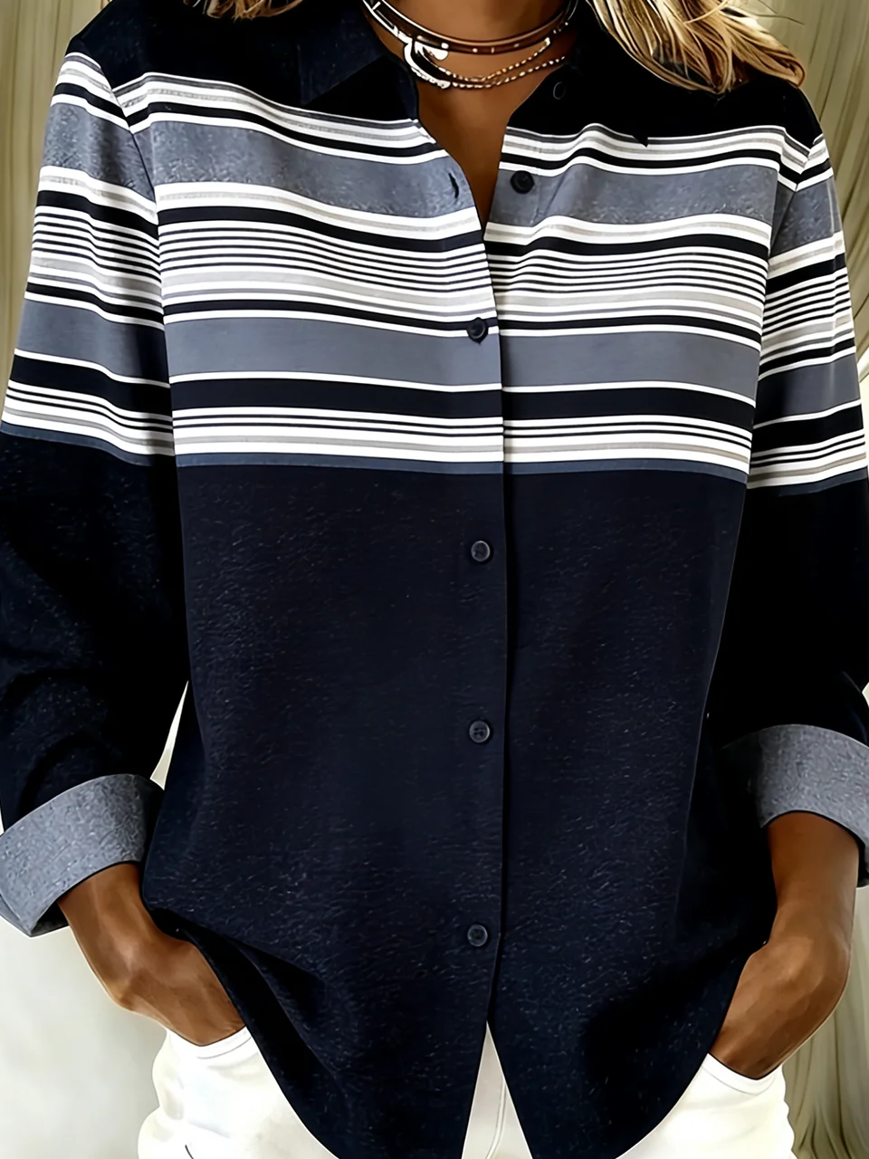 Shirt Collar Long Sleeve Striped Regular Loose Shirt For Women