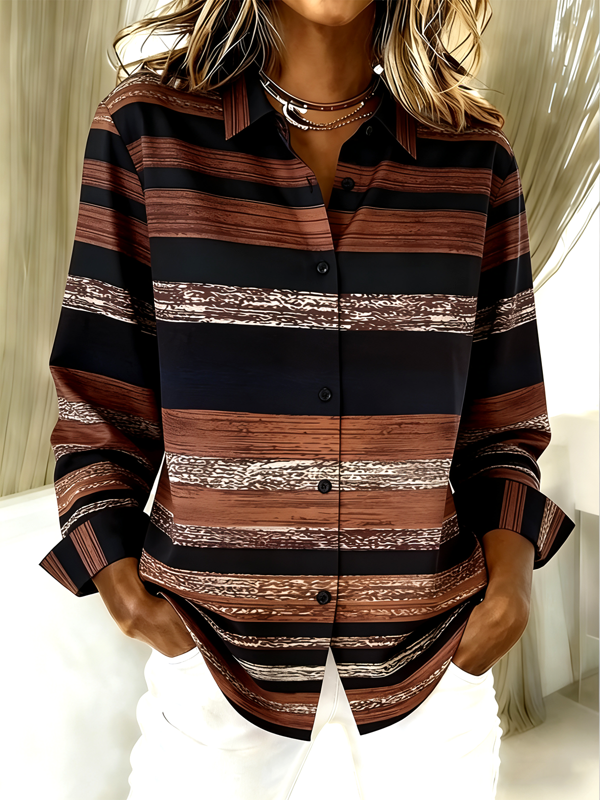 Shirt Collar Long Sleeve Plain Regular Loose Shirt For Women