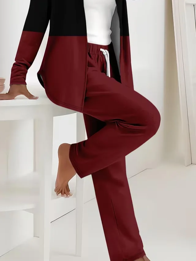 Women Striped Printing Two-Piece Set Daily Long Sleeve Casual Spring/Fall Coat With Pants Matching Set