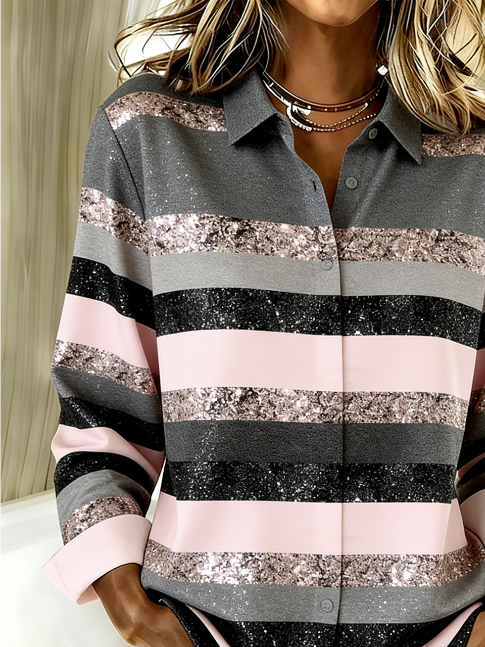 Shirt Collar Long Sleeve Striped Regular Loose Shirt For Women