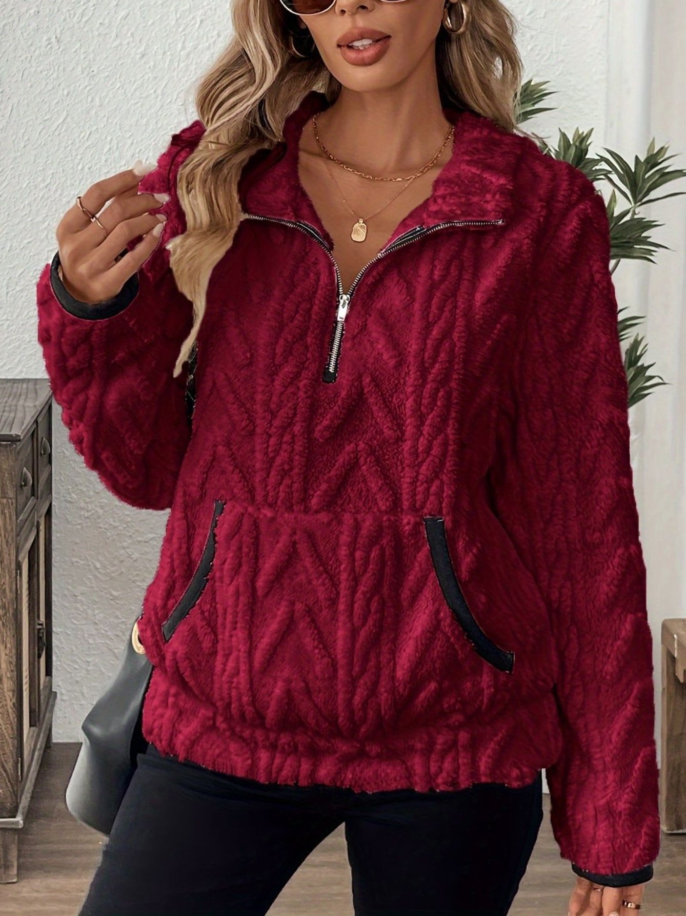 Casual Stand Collar Plain Sweatshirt Jacquard