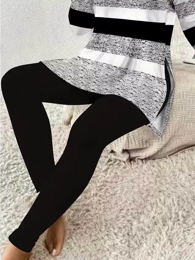 Women Striped Printing Two-Piece Set Daily Long Sleeve Casual Spring/Fall Top With Pants Matching Set
