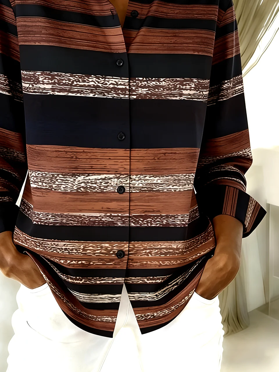 Shirt Collar Long Sleeve Plain Regular Loose Shirt For Women