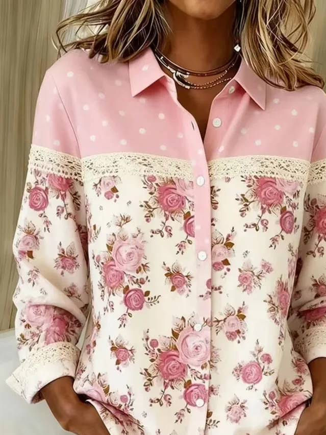 Shirt Collar Regular Sleeve Long Sleeve Floral Buckle Regular Loose Button Up Shirt Shirt For Women