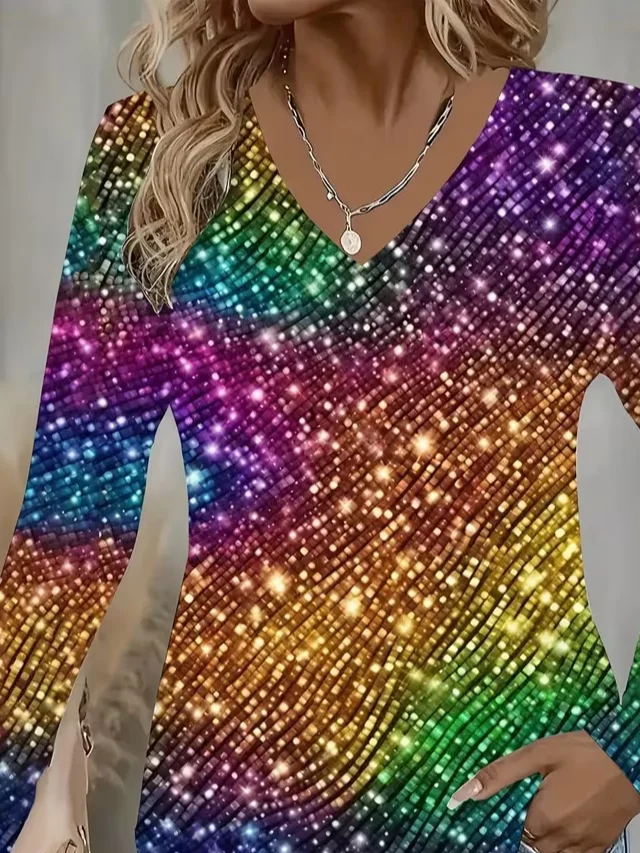 Casual Abstract V Neck Long Sleeve T-shirt