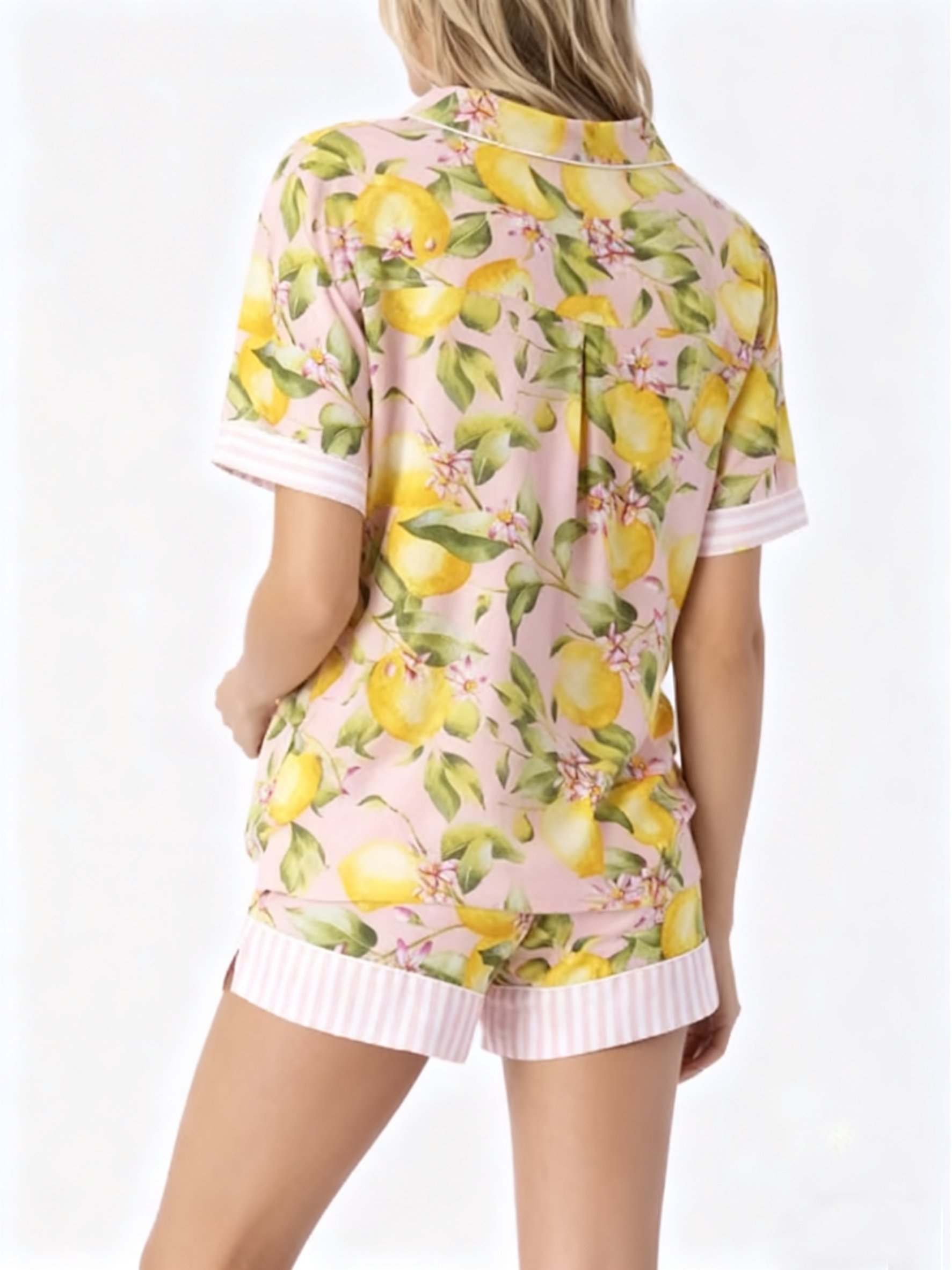 Lapel Collar Casual Lemon Loose Fit Pajama Set